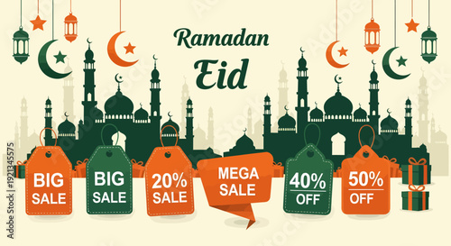 Ramadan Eid Sale - Mosque Silhouette with Discount Tags.