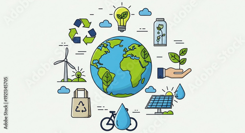 Earth surrounded by eco friendly symbols like recycling solar panel wind turbine and green plants on a light background