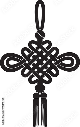 Black Chinese knot with tassel, intricate woven design