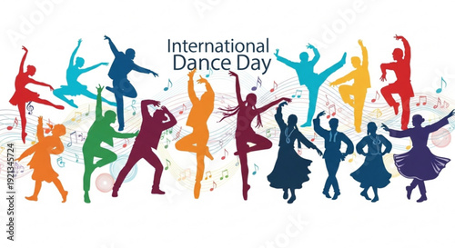Vibrant silhouettes of dancers celebrate international dance day with dynamic poses and colorful splashes on white background