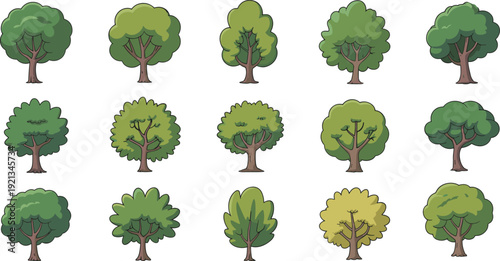 Collection of green deciduous tree illustrations featuring various shapes of leafy canopies, wood trunks, and cartoon nature forest foliage vector icons.