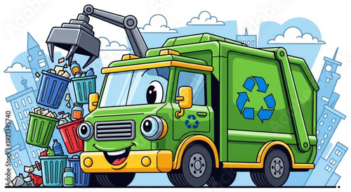 Cartoon green recycling truck collecting trash city background smiling face waste management