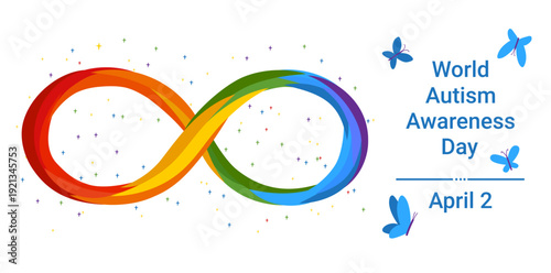 World Autism Awareness Day horizontal banner. Rainbow infinity symbol and blue butterflies on white background. Neurodiversity concept. Bright flat vector illustration for April 2 campaigns