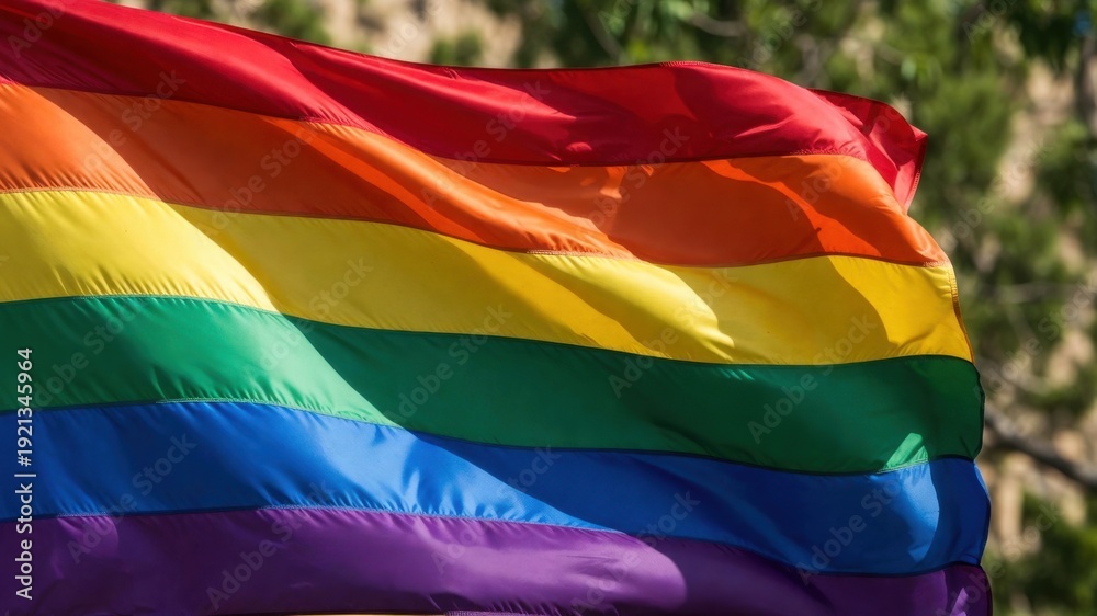 Obraz premium Bright rainbow flag waving in sunny outdoor setting with green foliage background.