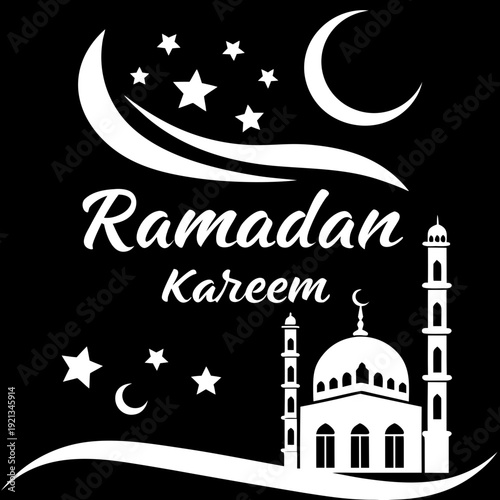 Ramadan kareem greeting with mosque and crescent moon Vector