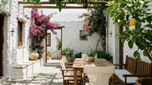 Beautiful Mediterranean patio with white-washed stone walls, blooming bougainvillea, and lemon trees. Sunny rustic courtyard exterior.