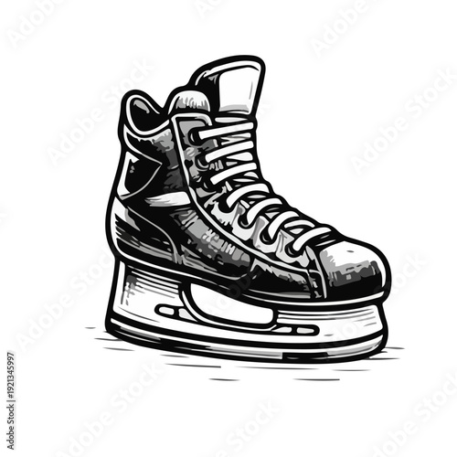 Detailed vintage engraving of ice hockey skates with blade and laced boot, classic winter sports equipment, black and white hand-drawn illustration, isolated clipart.