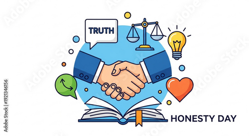 Handshake over book with honesty day symbols truth scales lightbulb heart