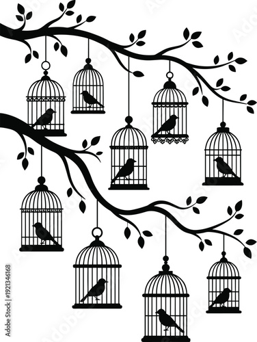 Bird, cages, hanging, on, tree, branch, with, leaves, silhouette, black, ornamental, wall, decal, decoration, vector, illustration, isolated, on, white, background, nature, art.