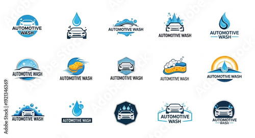 Collection of automotive car wash service logos and icons.