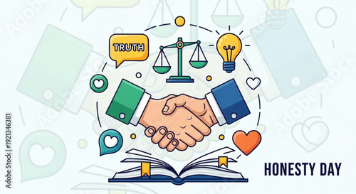 Handshake over book with honesty and truth symbols around representing trust and agreement on honesty day