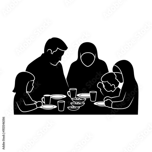 Family having iftar meal together, silhouette vector illustration 