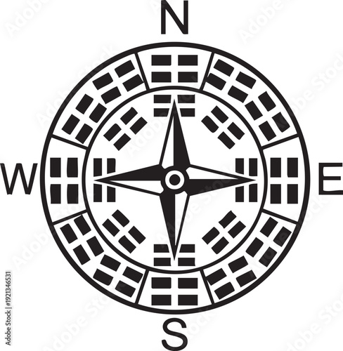 Compass rose with cardinal directions and bagua symbols, black and white
