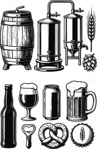 Vintage brewery illustration set featuring wooden beer barrel, distillation tanks, glass mugs with foam, hop cones, barley wheat, pretzel snack, alcohol bottle icons.