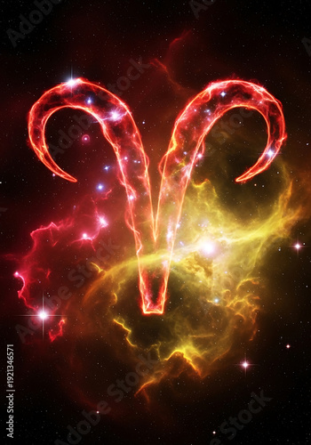 Aries zodiac sign glowing brightly in a vibrant red and orange cosmic nebula with stars.