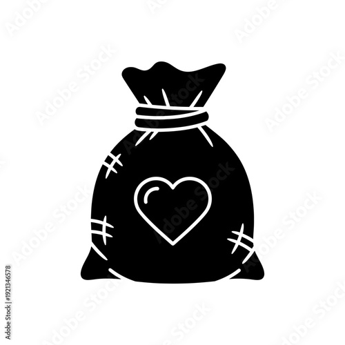 Black money bag icon with heart symbol, isolated on transparent background