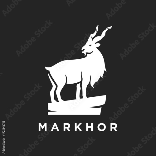 Markhor Wild Goat Silhouette Logo Design Standing on Rock