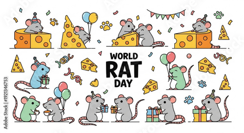 Colorful cartoon rats celebrate world rat day with cheese gifts and balloons on white background