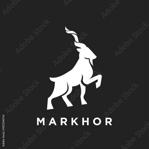 Markhor wild goat logo design, majestic animal rearing up in a minimalist white silhouette on a black background.