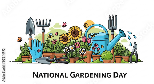 National gardening day illustration with gardening tools flowers and potted plants