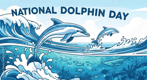 Dolphins jumping out of ocean waves on national dolphin day with sea life and coral reef in background