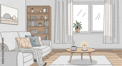 Cozy living room interior with sofa and bookshelf.