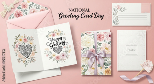 Greeting cards and gift wrapping on pink background for national greeting card day with floral designs and hearts