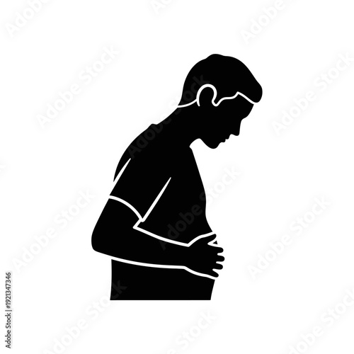 Vector silhouette of a man clutching his stomach, isolated on transparent background