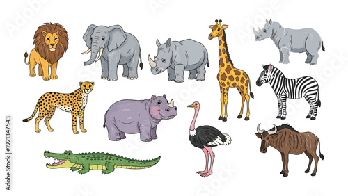 Savanna Wildlife Ensemble: A vibrant collection of African wildlife, showcasing the diversity of savanna animals. Perfect for educational resources and wildlife-themed projects.