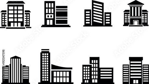 Collection of modern city skyscrapers and buildings in black silhouette. Building icon collection.