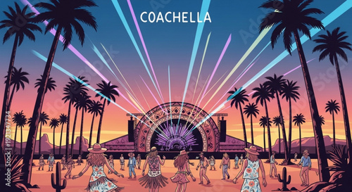 Coachella music festival at sunset with palm trees and stage lights