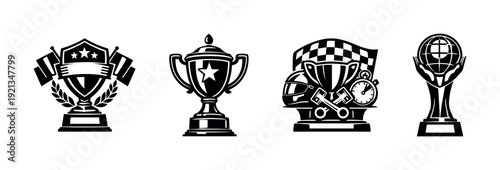 Racing trophy vector icons set: champion awards, victory symbols, competition prizes