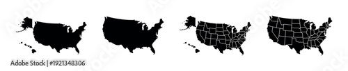 United states vector icons set, usa map outlines and silhouettes