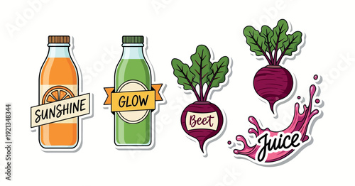 Hand-drawn doodle sticker set with healthy juice bottles and beetroot; colorful wellness nutrition and detox smoothie icons for organic cafe marketing and lifestyle design on white background.