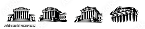 Ancient temple architecture vector icons set with classical building designs