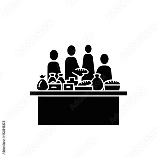 Black silhouette icon of people shopping for groceries at a market stall.