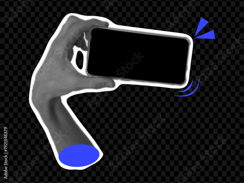 Trendy halftone hands holding phone collage. Pop art retro vintage style. Social media communication. Blank space empty frame for quote, plan and idea.