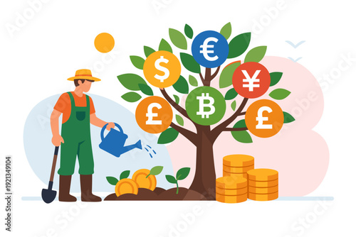 Farmer watering money tree with currency symbols growing.