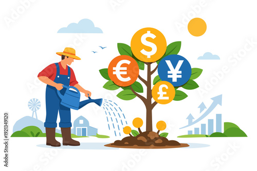 Farmer watering money tree with currency symbols.