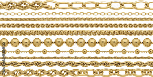 Gold Chain Jewelry Vector Borders Set with Luxury Metallic Necklace Bracelet Patterns Decorative Fashion Illustration Design