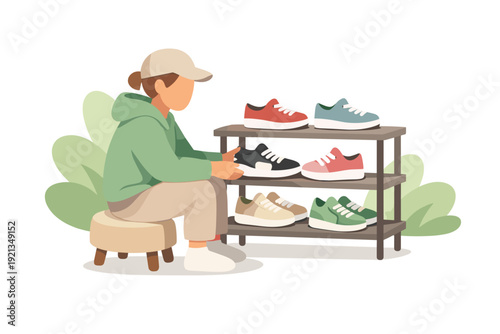 Person sitting and choosing shoes from a display rack.