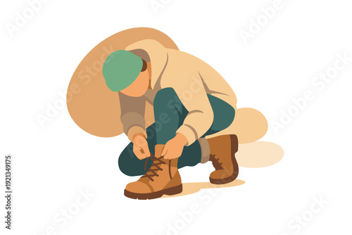 Person tying shoelaces on boots preparing for outdoor activity.