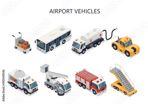Collection of various airport vehicles rendered in isometric illustration style for transport and logistics themes