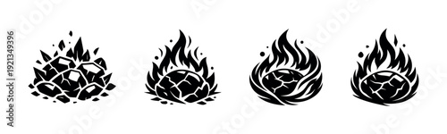 Fire and stones vector icons set. flame symbols. elemental energy signs