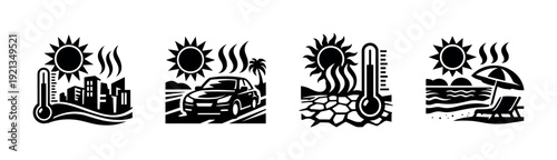 Heat and summer symbols: vector icons set, weather symbols, climate illustrations