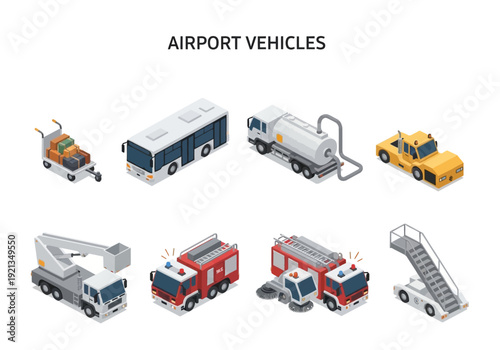 Collection of airport ground support vehicles in isometric view