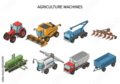 Collection of isometric illustrations depicting various agricultural machinery for farming and cultivation tasks