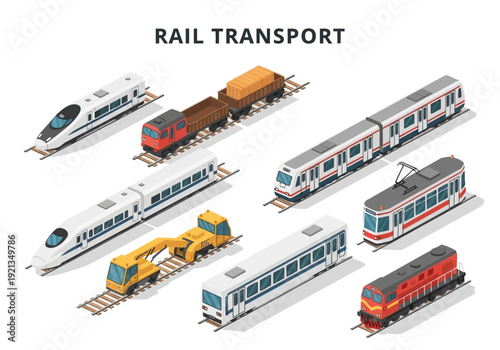 Collection of diverse train models representing various rail transport systems, including passenger and freight trains