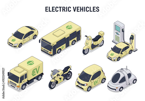 Collection of various electric vehicles including cars, buses, motorcycles, and trucks, highlighting eco-friendly transportation options and charging infrastructure