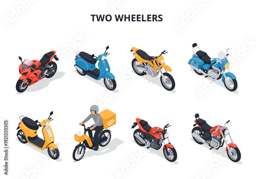 Collection of diverse two-wheeled vehicles including motorcycles and scooters in isometric view